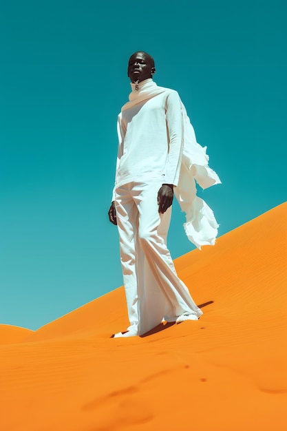 Fashion photoshoot of an African man wearing a white longsleeve shirt and pants