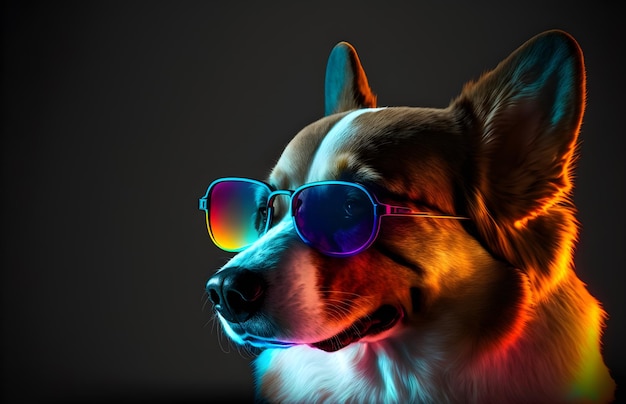 fashion photoshoot of a beautiful chihuahua, wearing colorful sunglasses cinematic lighting