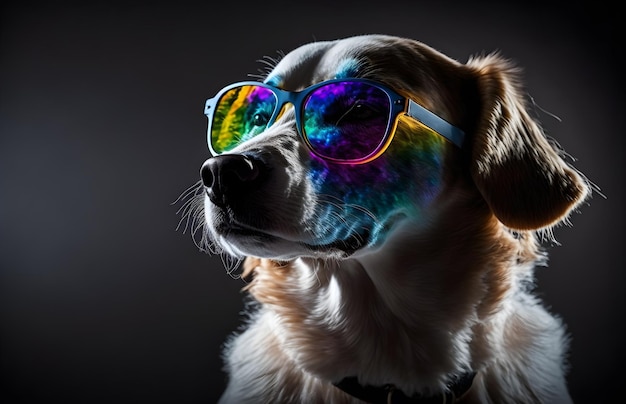 fashion photoshoot of a beautiful spaniel, wearing colorful sunglasses cinematic lighting. Wallpaper