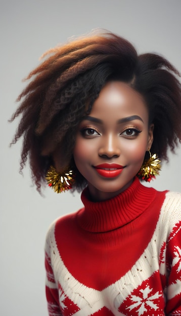 Fashion portrait of beautiful african american woman with dreadlocks hairstyle wearing red sweater