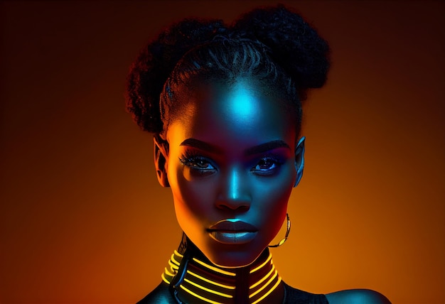 Fashion portrait beautiful black woman look at camera in neon studio lighting Generate Ai