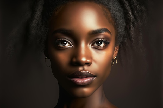 Fashion portrait beautiful black woman with natural makeup in dark studio lighting Generative AI illustration