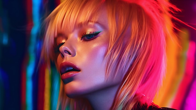 Fashion portrait of beautiful blonde girl with bright makeup