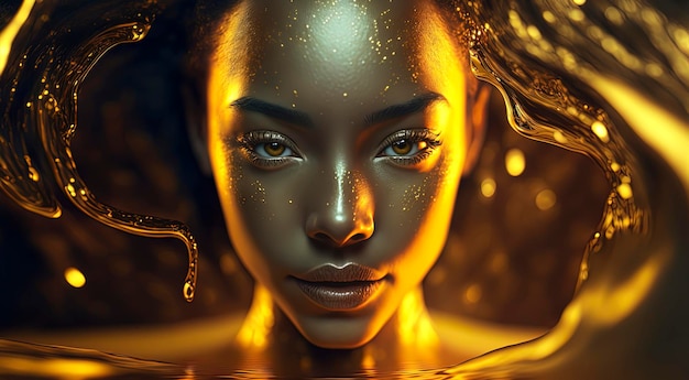 Fashion portrait of a beautiful curvaceous woman emerging from gold liquid pool