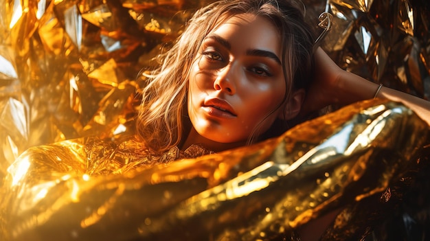 Fashion portrait of a beautiful girl decorated with gold foil Generative AI