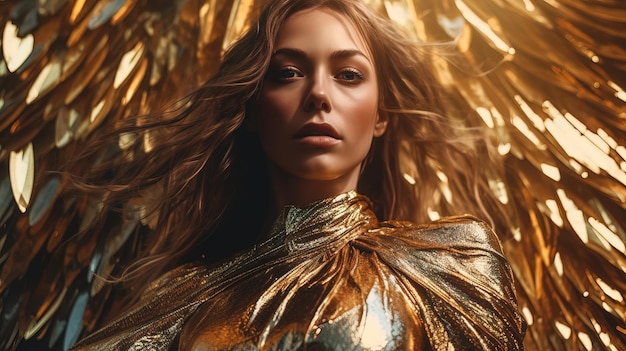 Fashion portrait of a beautiful girl decorated with gold foil Generative AI