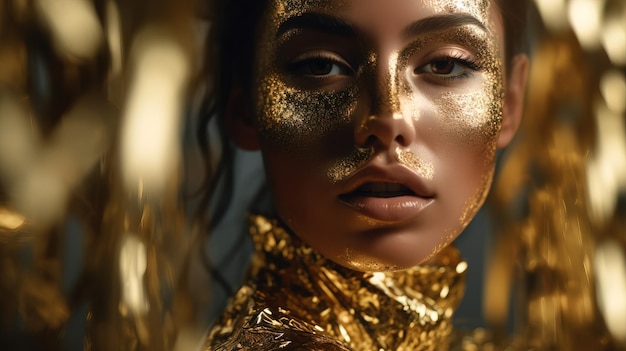 Fashion portrait of a beautiful girl decorated with gold foil Generative AI