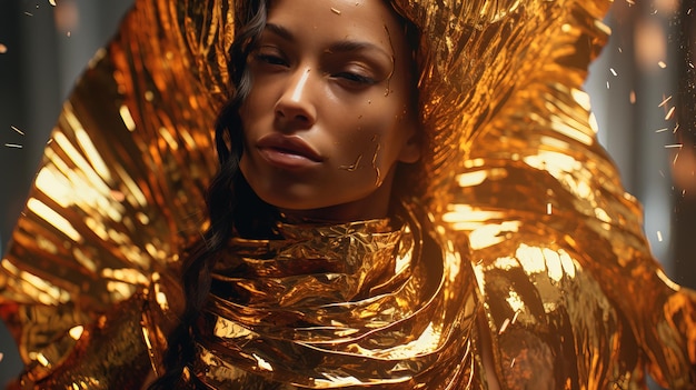 Fashion portrait of a beautiful girl decorated with gold foil Generative AI