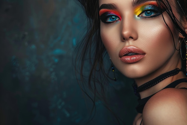 Fashion portrait of beautiful model with exotic makeup on dark background