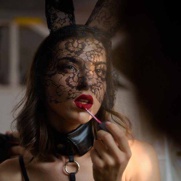 Fashion portrait of beautiful sensual woman Sexy woman in lingerie Fashion girls Sexy woman wearing bunny ears and looks very sensually Bunny rabbit