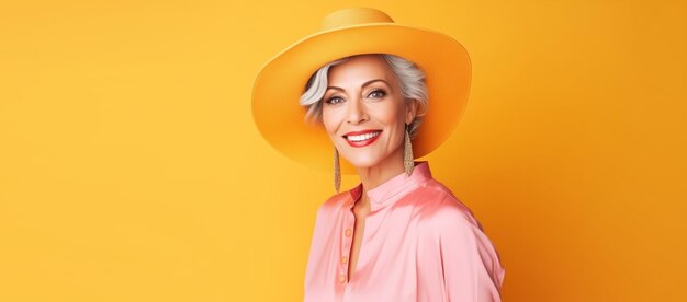 Fashion portrait beautiful stylish elegant mature woman with gray hair in hat on yellow background