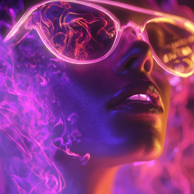 Photo fashion portrait of a beautiful woman in sunglasses with neon light on her face