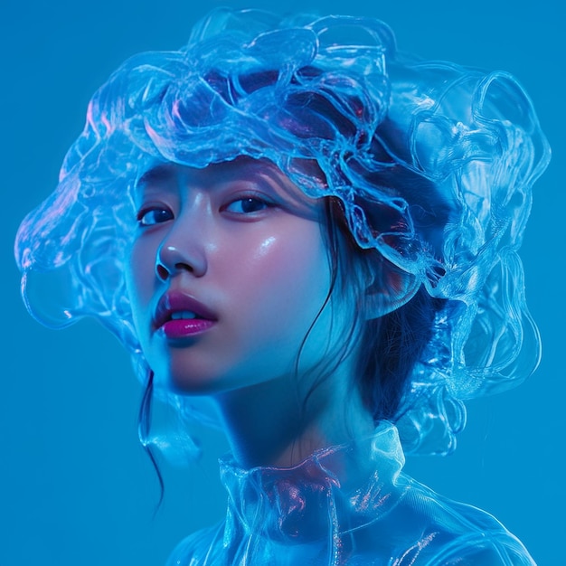 Fashion portrait of a beautiful young woman in blue neon light