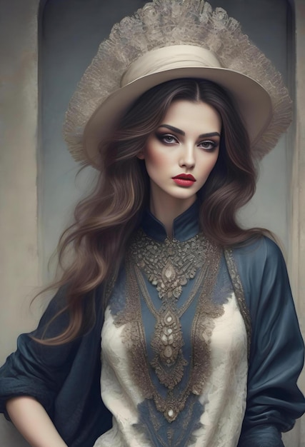 Fashion portrait of beautiful young woman in hat Perfect makeup Beauty fashion