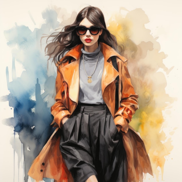 Fashion portrait of a beautiful young woman in orange coat and sunglasses