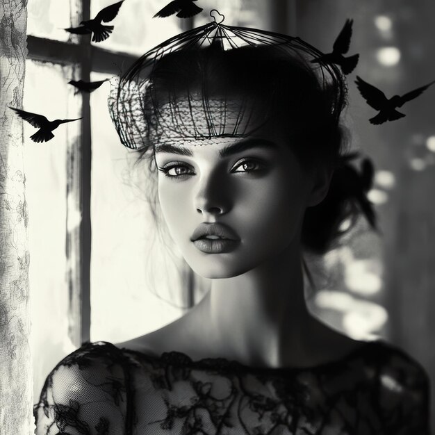 Fashion portrait of beautiful young woman with flying birds in her hair