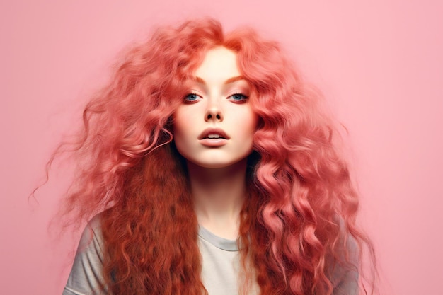 Fashion portrait of beautiful young woman with long curly red hair