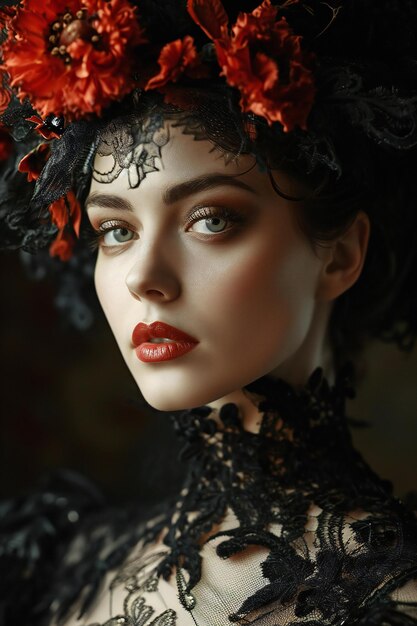 Fashion portrait of beautiful young woman with red flowers in her hair