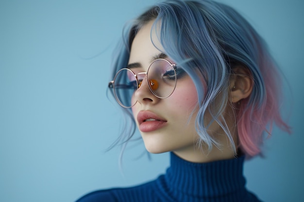 Fashion portrait of beautiful young woman with short blue hair and sunglasses