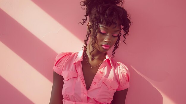 Photo fashion portrait black woman in pink clothes fashion makeup curly hair