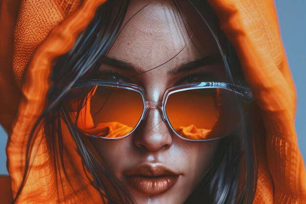 Photo fashion portrait of confident woman wearing trendy orange color sunglasses oversized hoodie