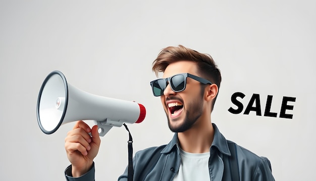 Photo fashion portrait of emotional hipster man with megaphone in stylish sunglasses sales man using