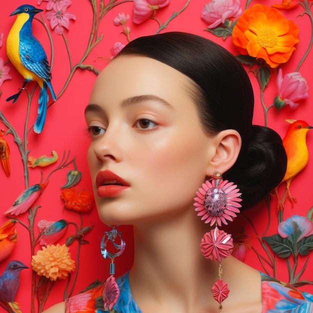 Fashion portrait of a girl in fashion accessories on a floral background