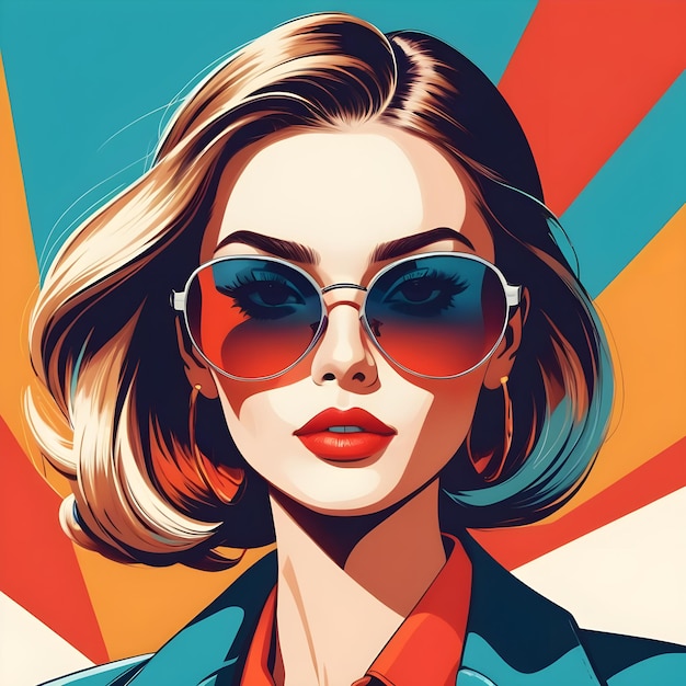 Fashion portrait of a model girl with sunglasses Retro trendy colors poster or flyer