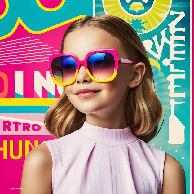 Fashion portrait of a model girl with sunglasses Retro trendy colors poster or flyer