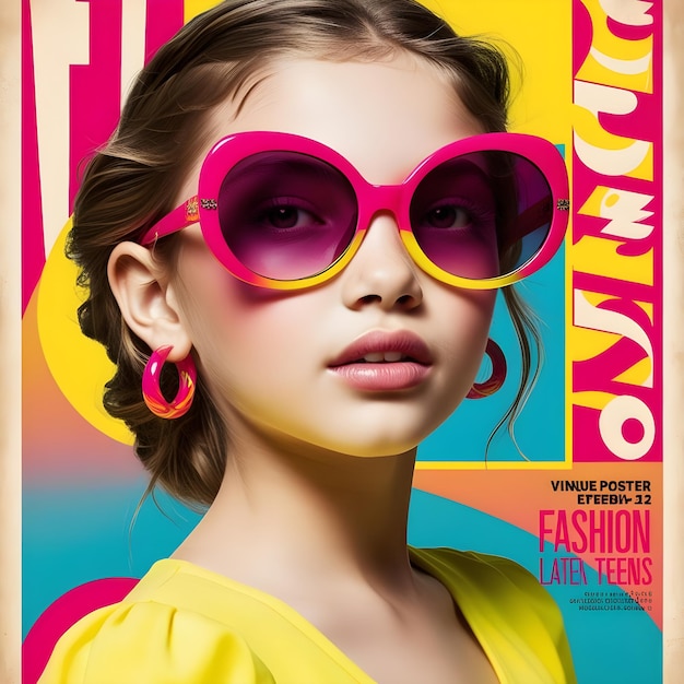 Photo fashion portrait of a model girl with sunglasses retro trendy colors poster or flyer