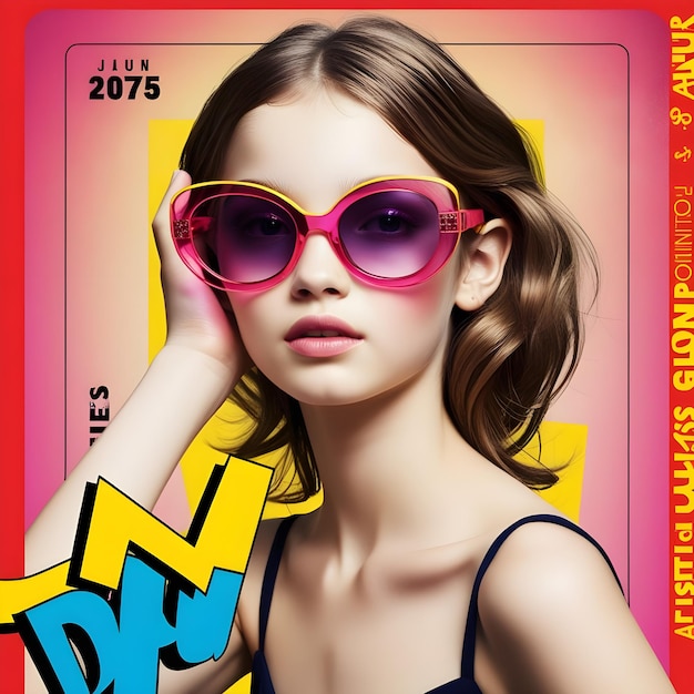 Photo fashion portrait of a model girl with sunglasses retro trendy colors poster or flyer