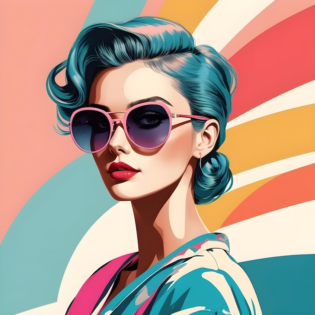 Fashion portrait of a model girl with sunglasses Retro trendy colors poster or flyer