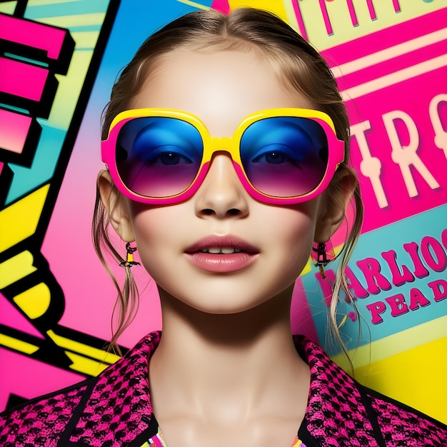 Fashion portrait of a model girl with sunglasses Retro trendy colors poster or flyer