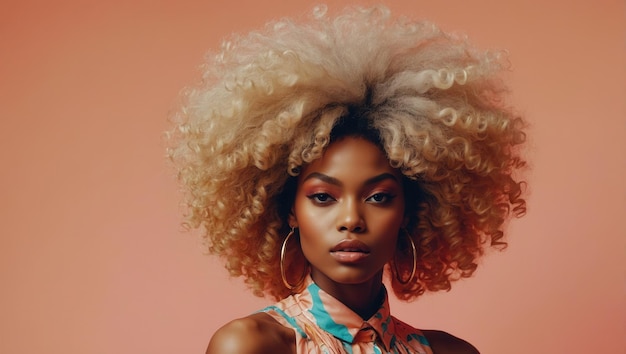 Fashion portrait of person with voluminous curly hair vibrant background