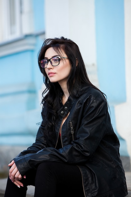 Fashion Portrait of Stylish Pretty Brunette Young Woman Outdoor