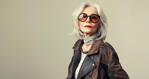 Fashion portrait of stylish senior woman with gray hair in glasses posing on gray studio background