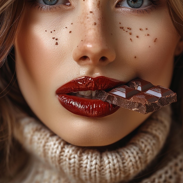 Photo fashion portrait of a woman with chocolate on lips