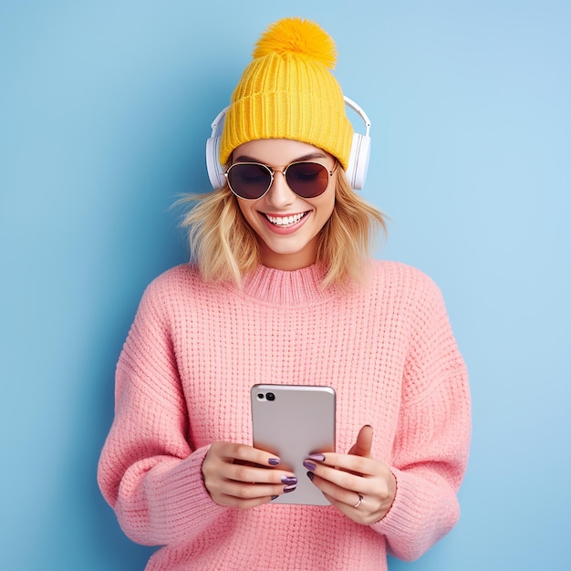 Fashion pretty sweet carefree woman listening music in headphones with smartphone wearing a colorful