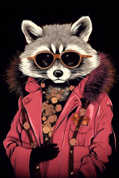 fashion raccoon 1950 illustration vector art black background