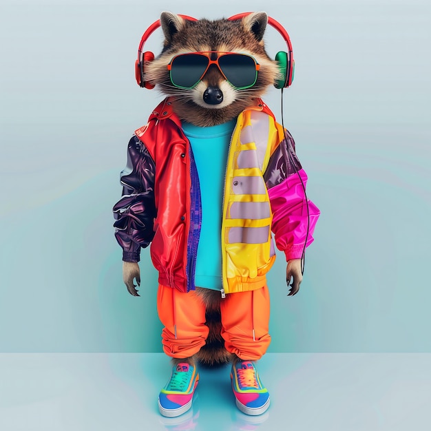 Photo fashion raccoon in 80s hip hop clothes