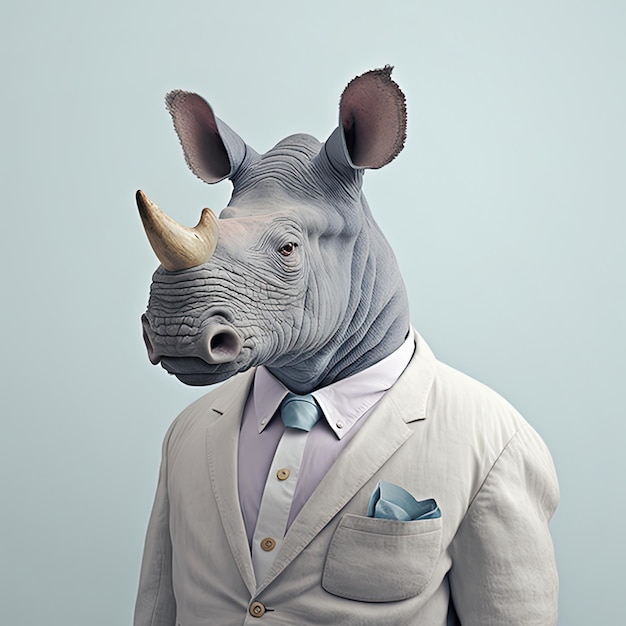 Fashion rhino in shirt Light blue monochrome portrait Generative AI