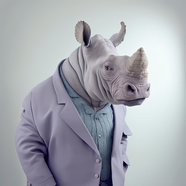 Fashion rhino in shirt Light blue monochrome portrait Generative AI