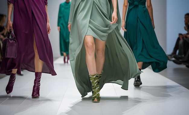 Photo fashion runway with models shoes and flowing dresses in deep purple green and gray indoor settin