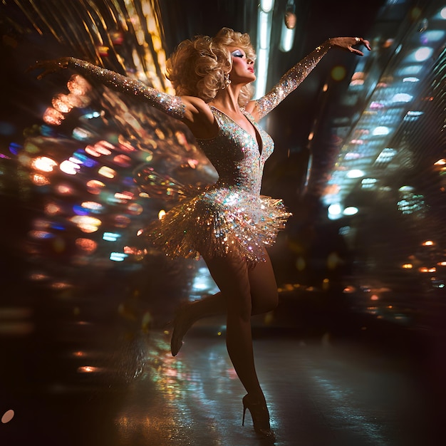 Photo fashion shot of a beautiful young woman dancing in the night club