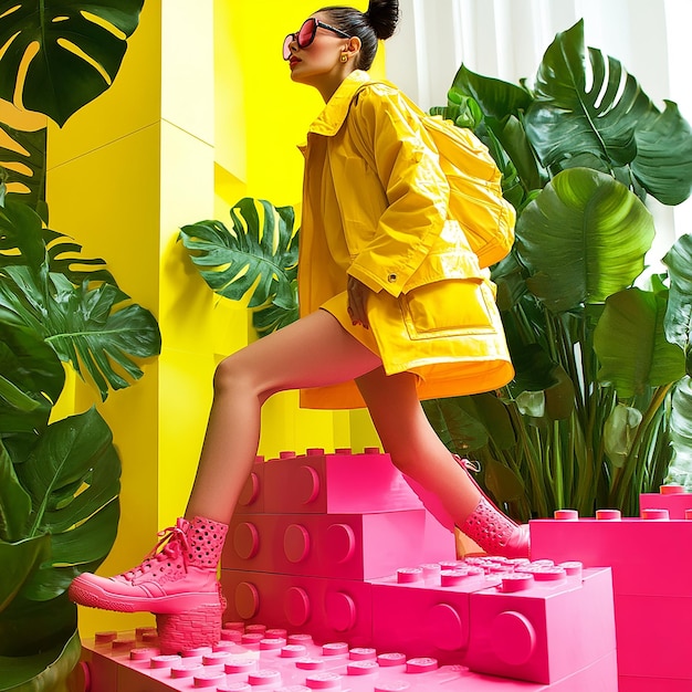 Photo fashion shot of a girl in an urban outfit with yellow accents