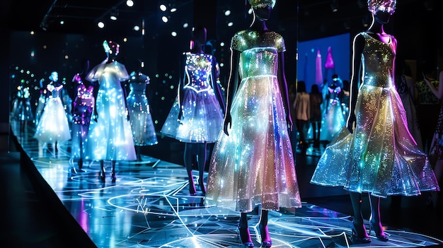 Fashion show featuring models wearing futuristic glowing dresses