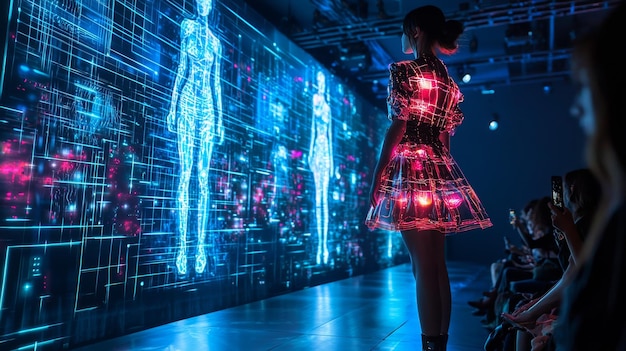 Photo fashion show with neon lights and futuristic dress