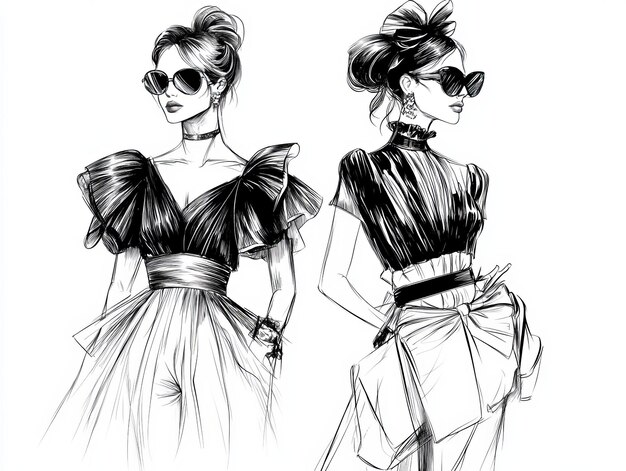 Photo fashion sketches featuring stylish women in elegant outfits and accessories