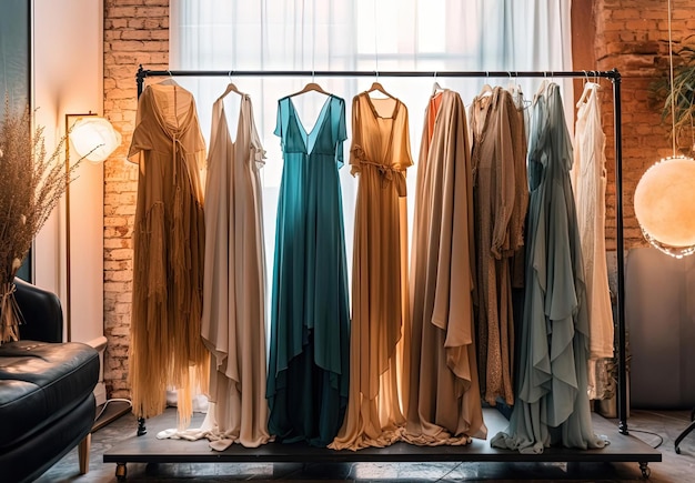 a fashion store with dresses hanging on a rack in the style of aquamarine and amber