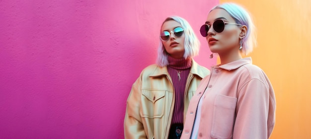 Fashion street portrait banner photo of two young women wearing pastel color clothes